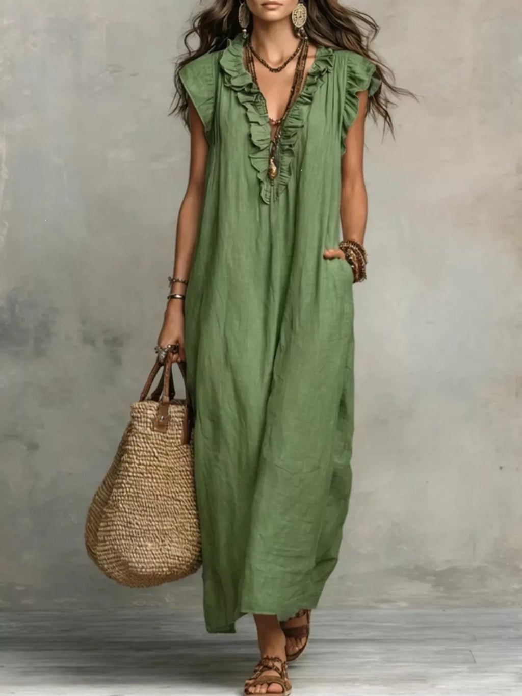 Plus size ruffled V-neck cap sleeve maxi dress by Plush Fashion Hub, flowing fabric with elegant ruffle details.