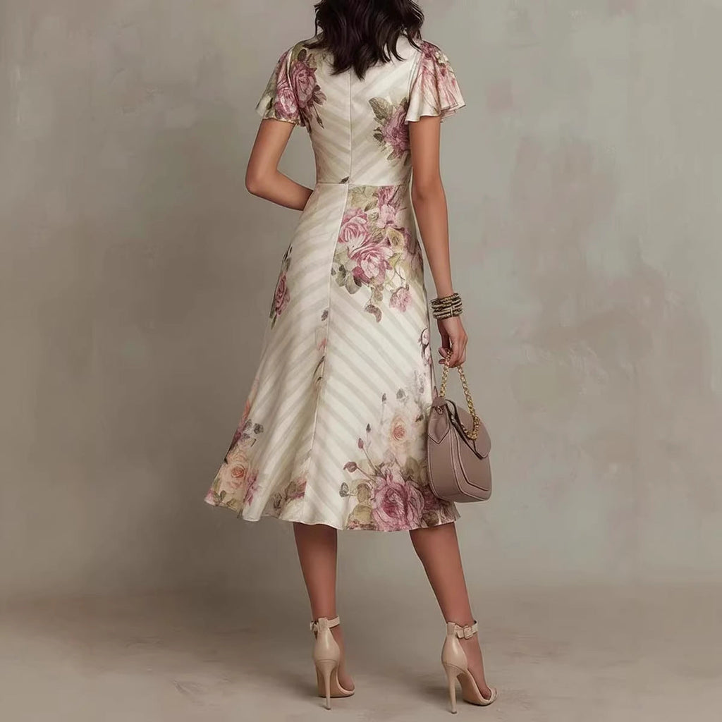 Plush Fashion Hub ruffled hem maxi dress with v-neck satin fabric and color block A-line design, shown in a stylish full-length view.