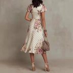 Plush Fashion Hub ruffled hem maxi dress with v-neck satin fabric and color block A-line design, shown in a stylish full-length view.