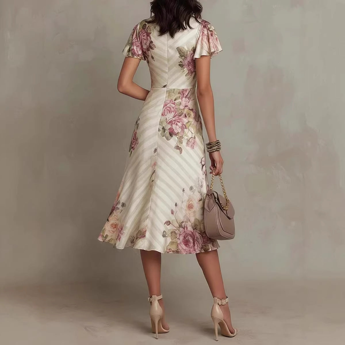 Plush Fashion Hub ruffled hem maxi dress with v-neck satin fabric and color block A-line design, shown in a stylish full-length view.