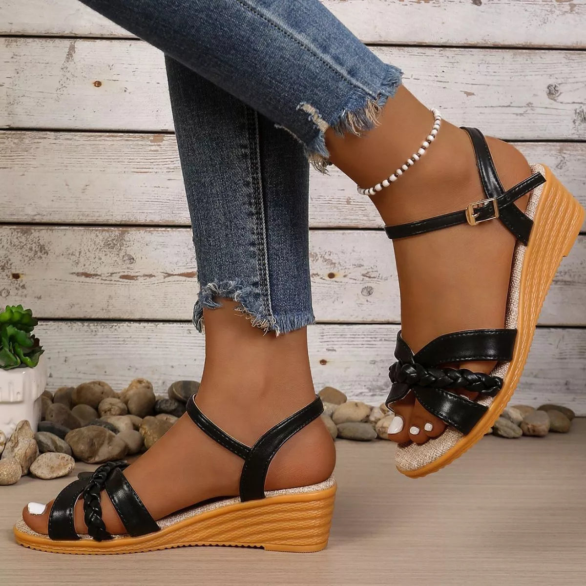 Shopimist open toe wedge sandals with a stylish design, featuring a natural-toned wedge heel and comfortable open toe style.