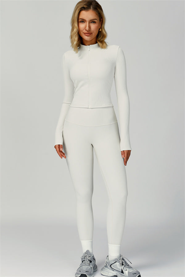 Fitglutes Activewear 3-piece set includes a sports bra, jacket, and leggings for workout and gym activities.