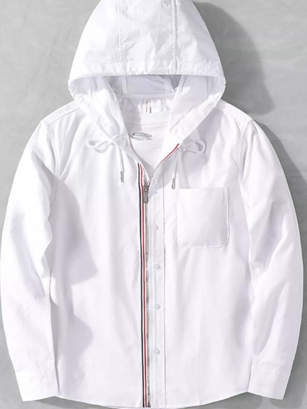Men's plus size striped trim hooded casual shacket from Shopimist, featuring a cozy design and stylish hood with striped accents.