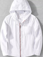Men's plus size striped trim hooded casual shacket from Shopimist, featuring a cozy design and stylish hood with striped accents.