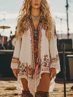 Elegant long sleeve lace trim mini dress by Trendsi, perfect for romantic cocktail or daytime wear, shown front view.