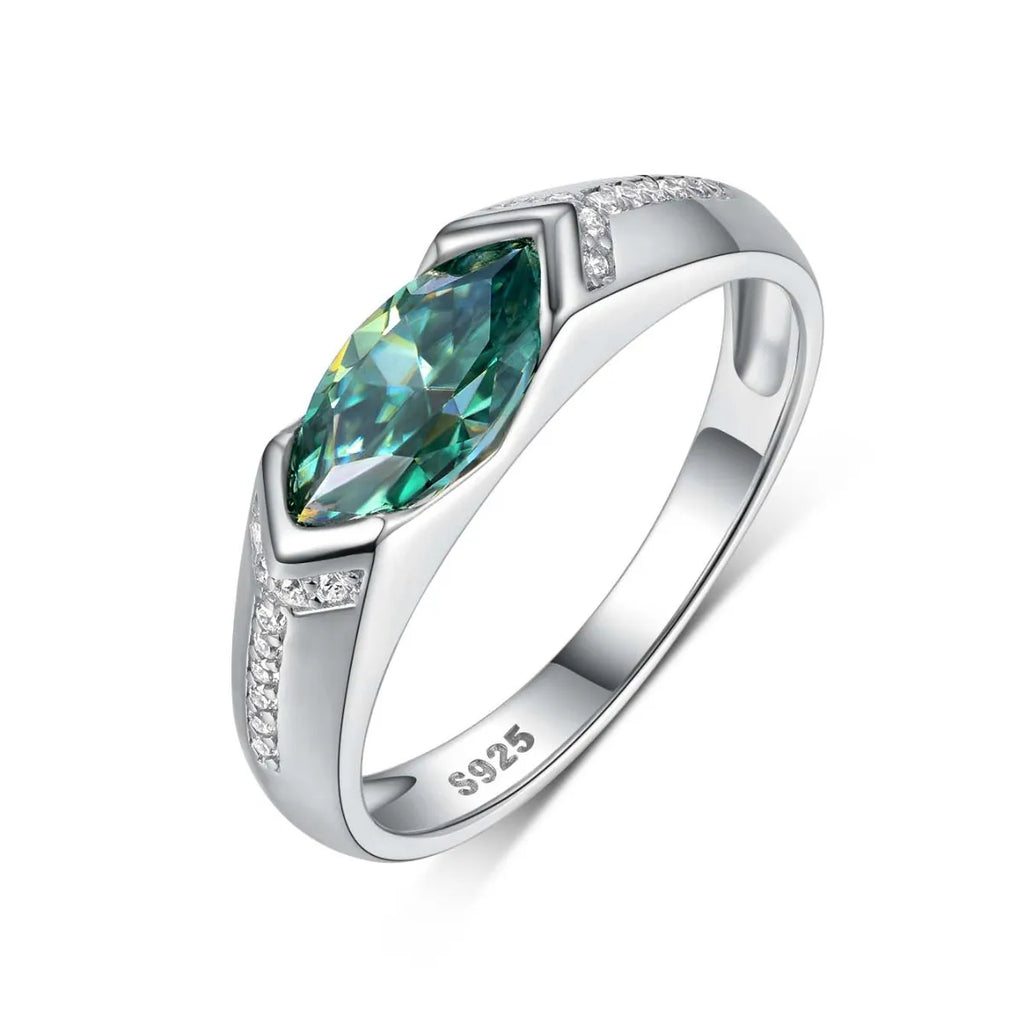 Sterling silver ring with 1 carat moissanite gemstone, showcasing a sparkling, elegant jewelry design.