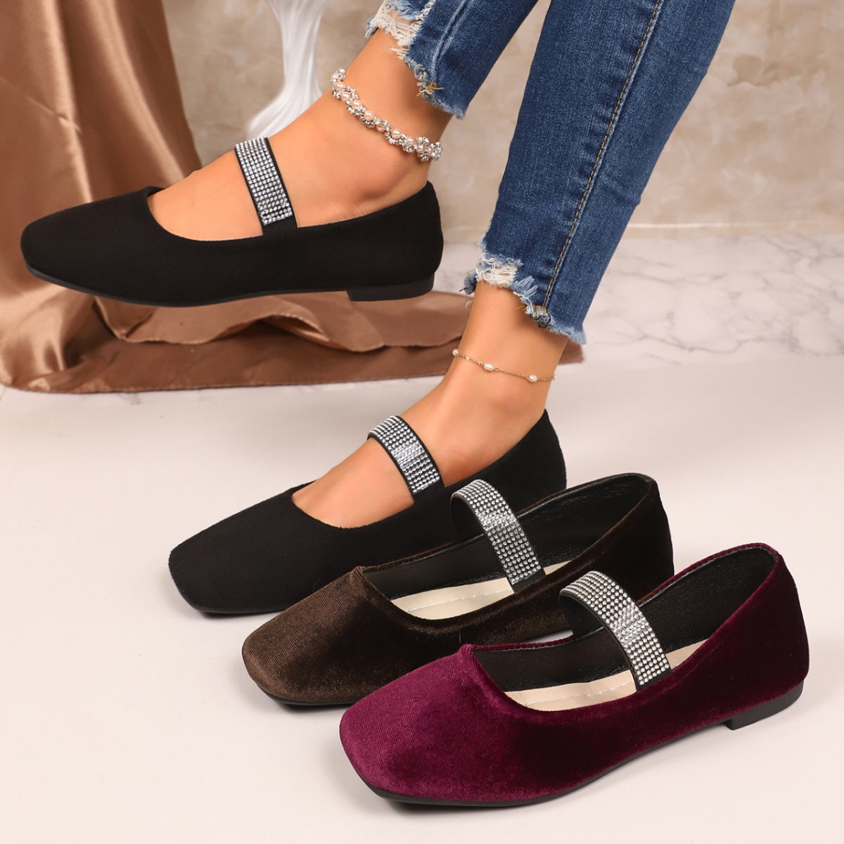 Rhinestone embellished square toe slip-on flats for women, trendy casual shoes from Trendsi with chic rhinestone details.