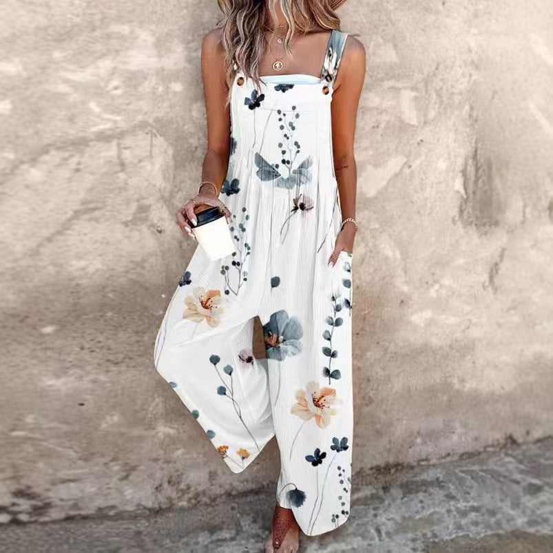 Women’s square-neck floral sleeveless jumpsuit by Plush Fashion Hub, casualwear with a fitted bodice and wide-leg style.