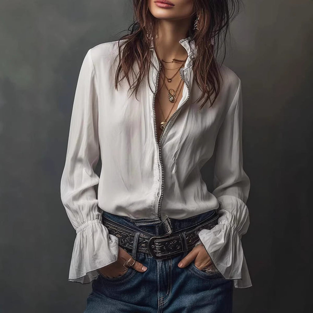 Women's ruffled sleeve resort shirt by FitiqueFit, casual long blouse with stretch fabric and stylish ruffle details.