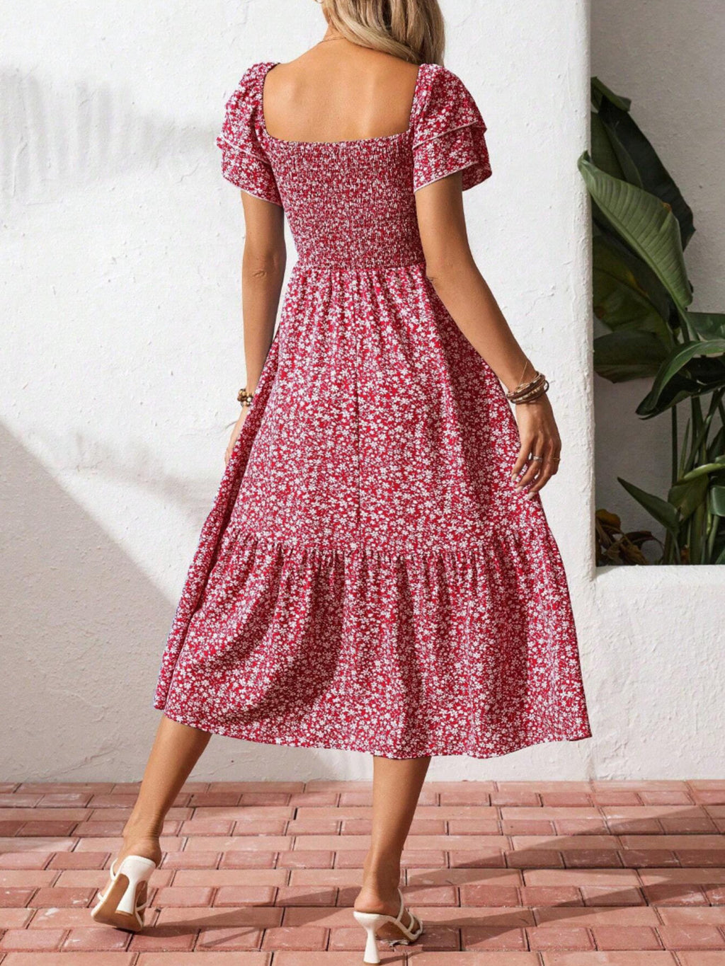 Floral print smocked ruffle sleeve midi dress from Trendsi, lightweight summer dress with feminine floral pattern and ruffle details.