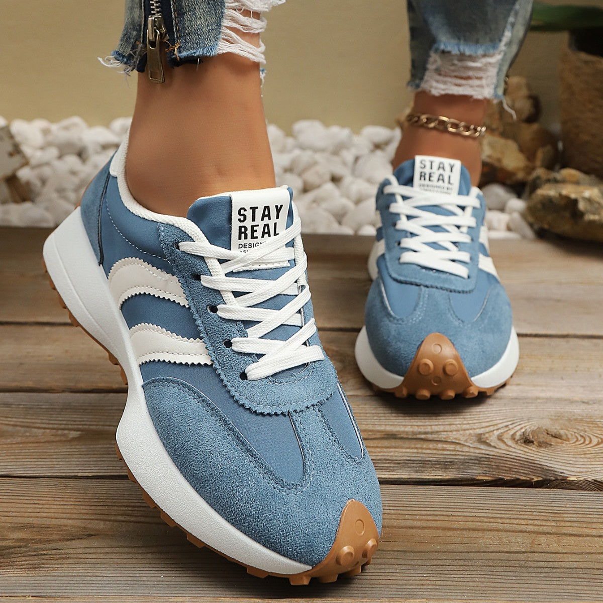 Women's round toe lace-up flat casual sneakers by Plush Fashion Hub, made of comfortable PU leather with stylish design.