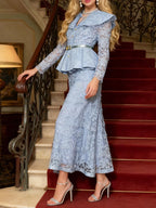Lace peplum top and matching skirt set from Shopimist, featuring intricate lace details and a stylish, feminine silhouette.