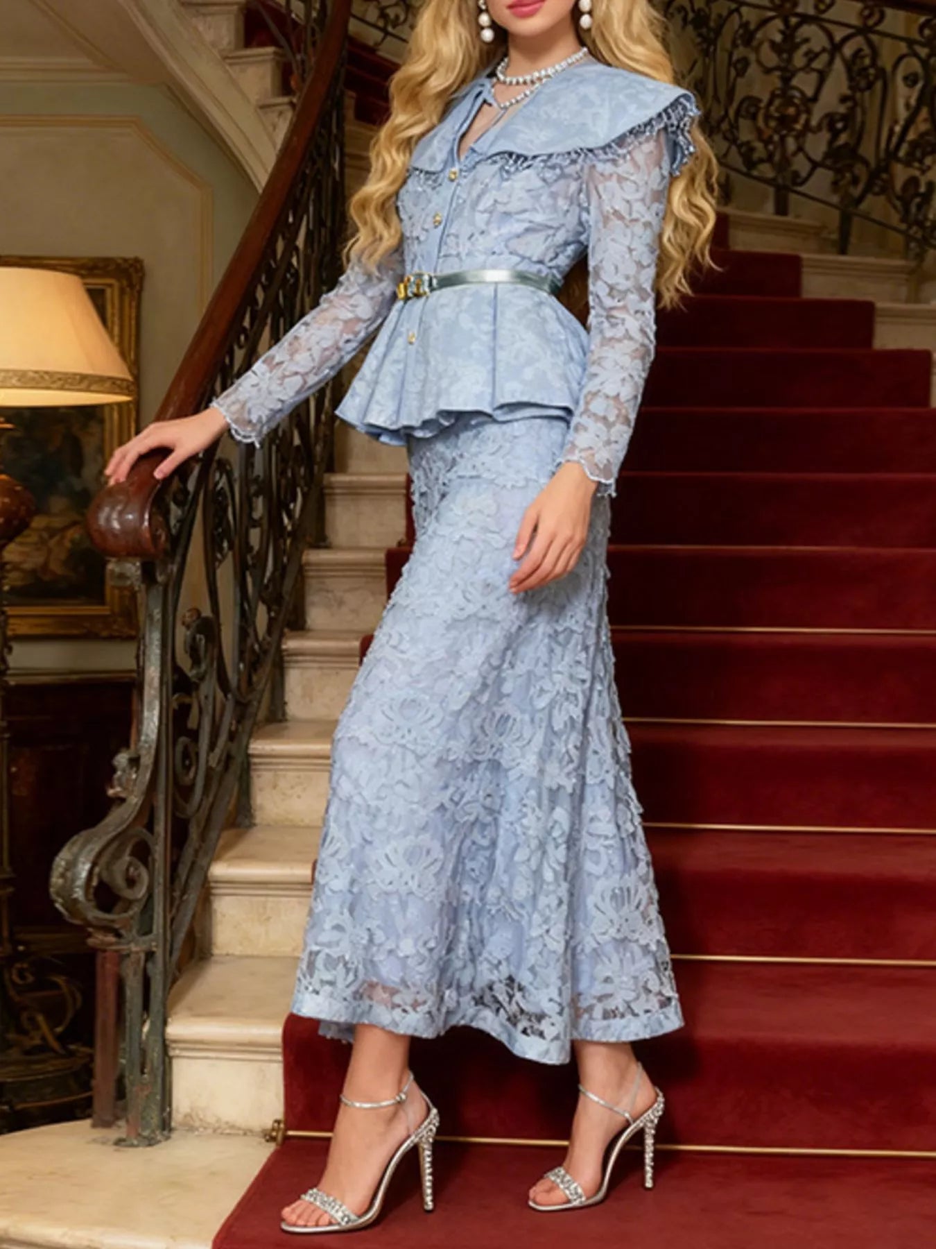 Plush Fashion Hub lace peplum top and matching skirt set, stylish two-piece outfit with intricate lace details and a fitted silhouette.