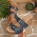 Open toe wedge sandals by Shopimist featuring beige straps and a cork wedge heel on a neutral background.
