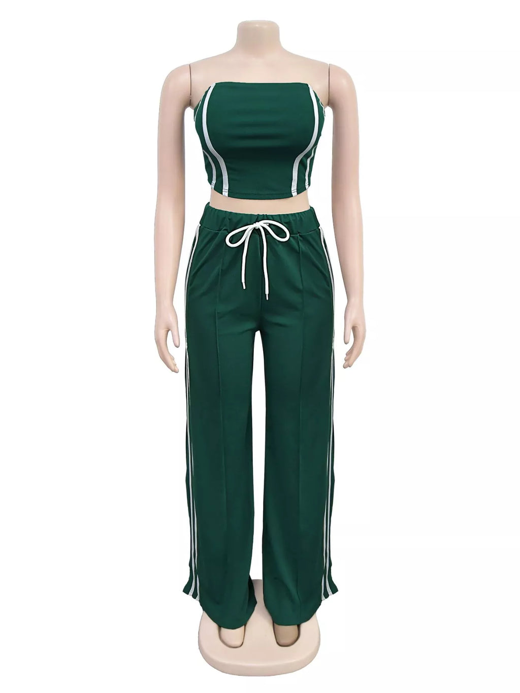 Trendsi sleeveless tube top and wide-leg pants set, featuring a fitted tube top and flowy wide-leg pants, styled together.
