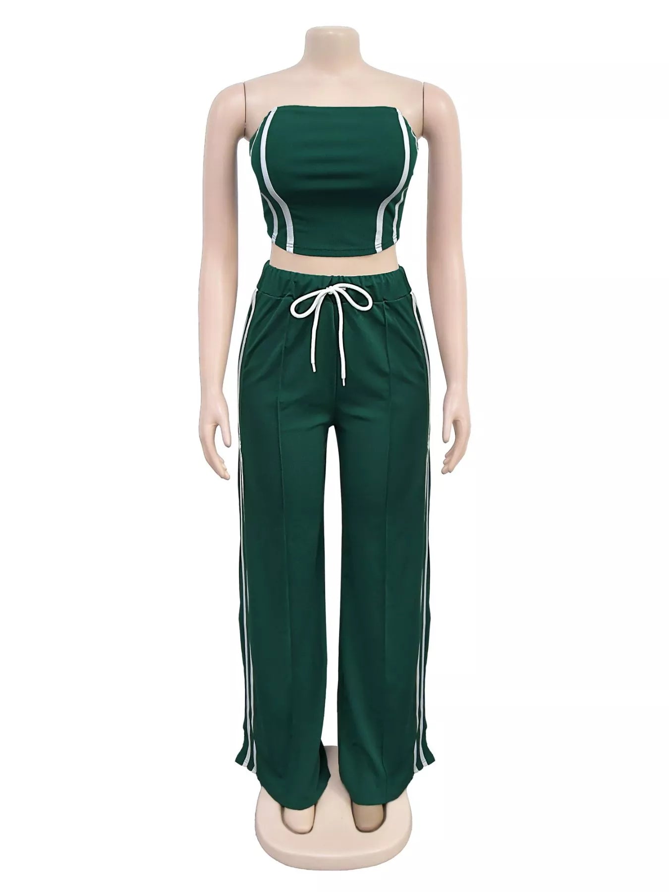 Trendsi sleeveless tube top and wide-leg pants set, featuring a fitted tube top and flowy wide-leg pants, styled together.
