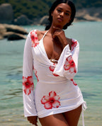 Women's 3-piece swimsuit set by FitiqueFit featuring a V-neck long sleeve top and wrap skirt, perfect for stylish beachwear.