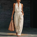 Women's knitted V-neck slim-fit cropped jumpsuit by Plush Fashion Hub, showcasing casualwear with a fitted design and V-neck detail.