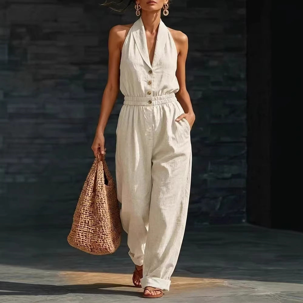 Women's knitted V-neck slim-fit cropped jumpsuit by Plush Fashion Hub, showcasing casualwear with a fitted design and V-neck detail.