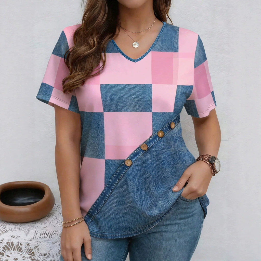 FitiqueFit V-neck denim print short sleeve casual T-shirt with a loose fit, featuring a relaxed style and denim-inspired pattern.