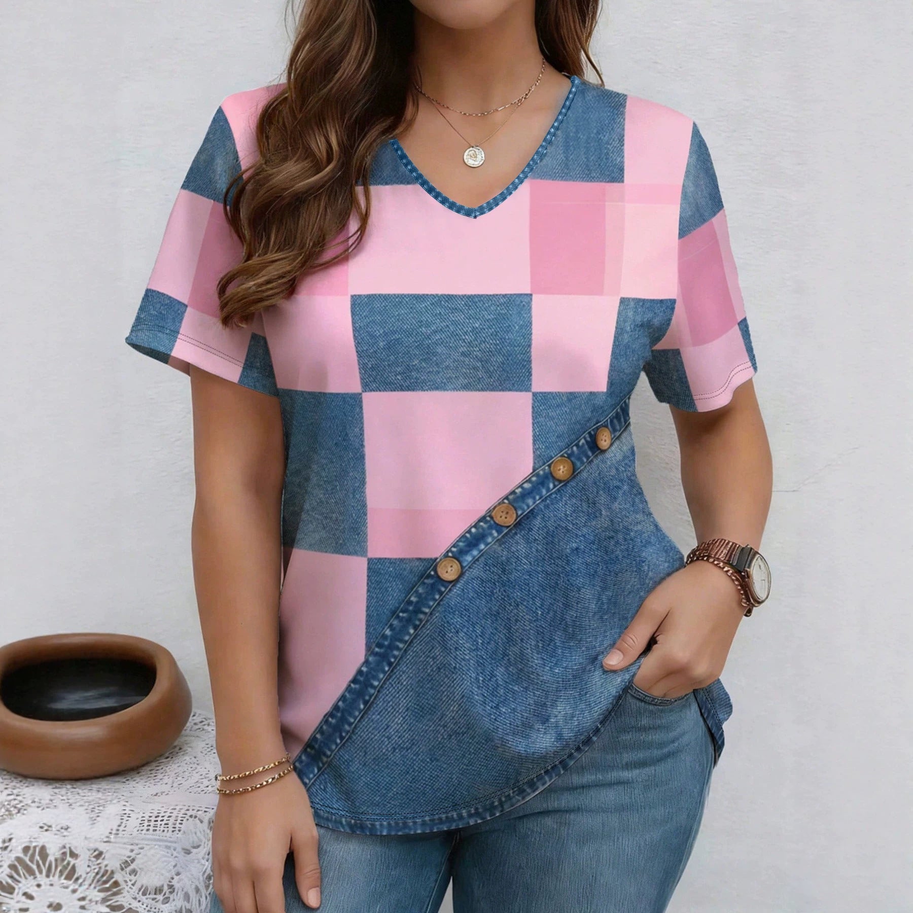 FitiqueFit V-neck denim print short sleeve casual T-shirt with a loose fit, featuring a relaxed style and denim-inspired pattern.