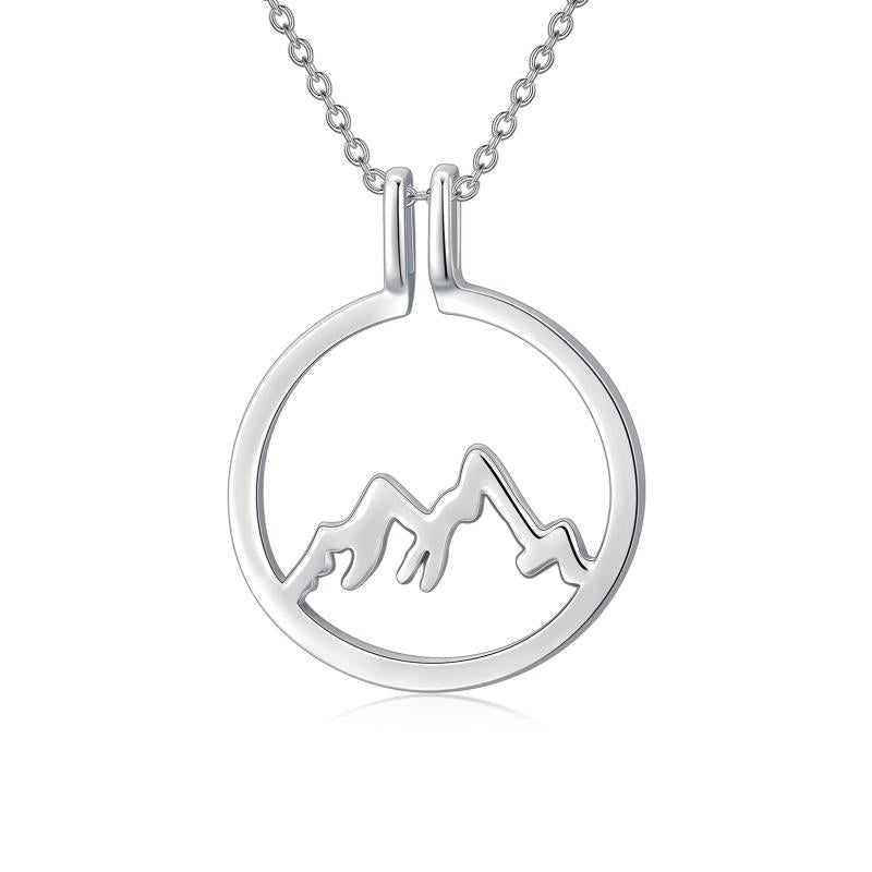 925 sterling silver mountain ring holder with round shape pendant necklace, featuring detailed mountain design and smooth finish.