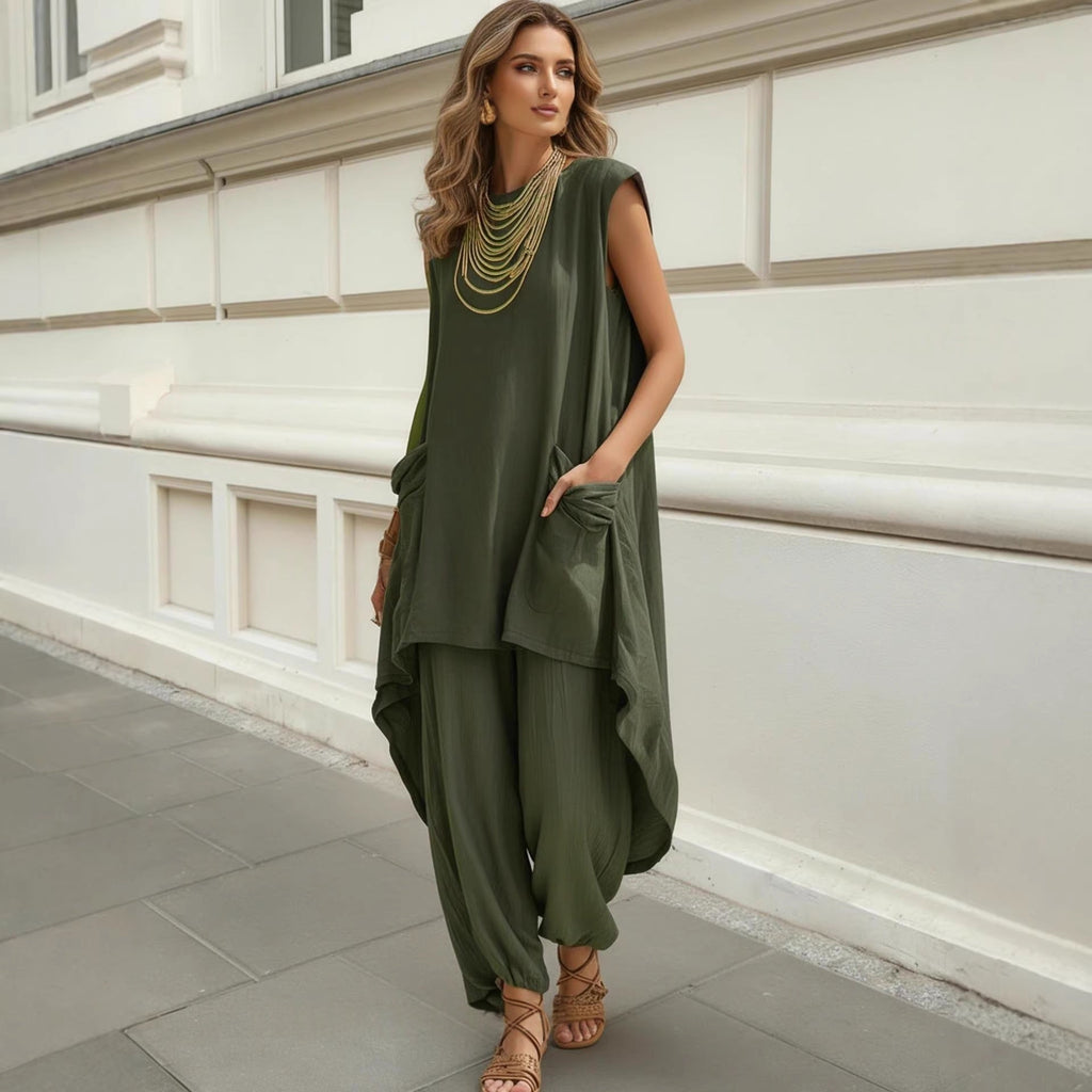 FitiqueFit sleeveless 3D-cut resort two-piece set with matching top and pants, stylish and comfortable for warm-weather wear.