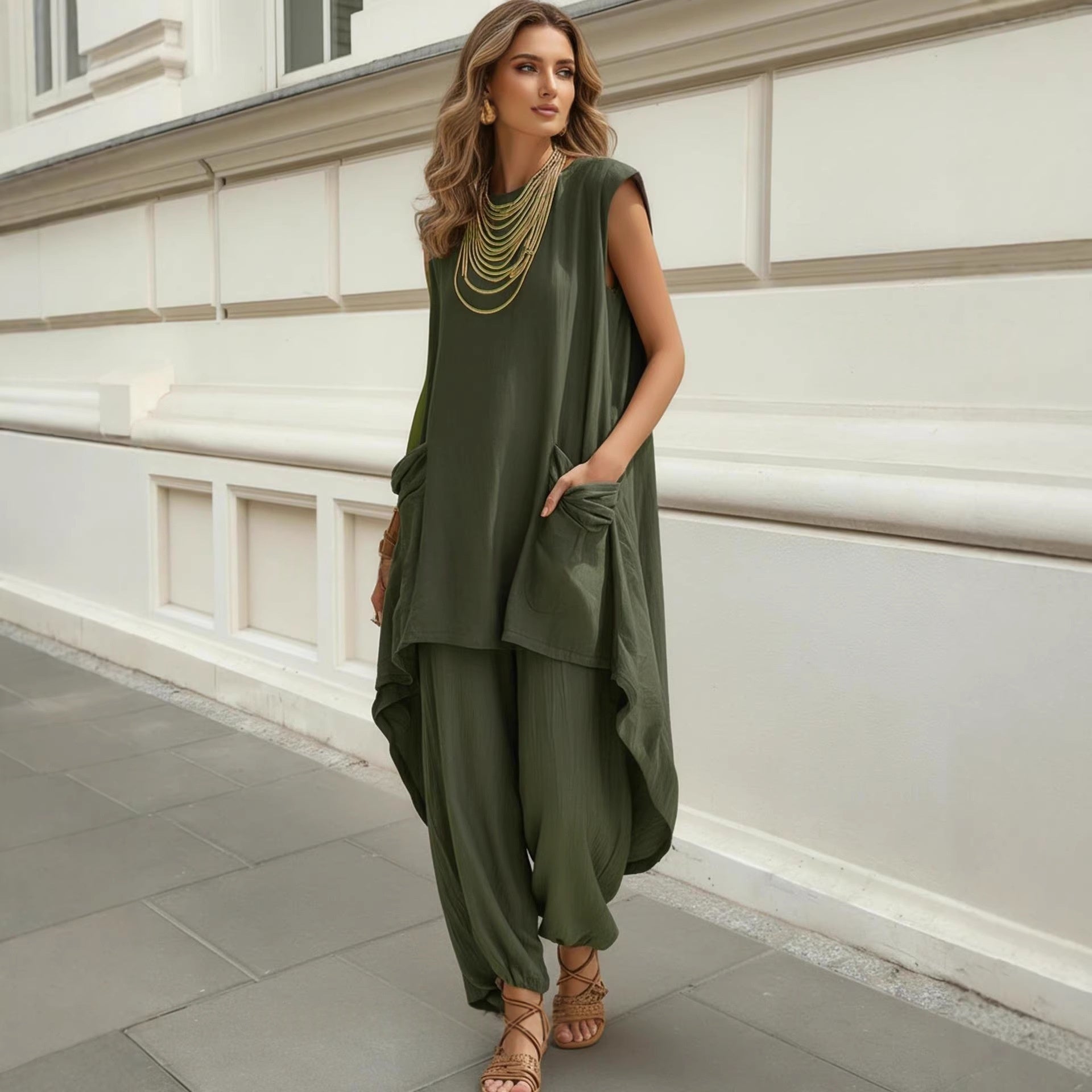 FitiqueFit sleeveless 3D-cut resort two-piece set with matching top and pants, stylish and comfortable for warm-weather wear.