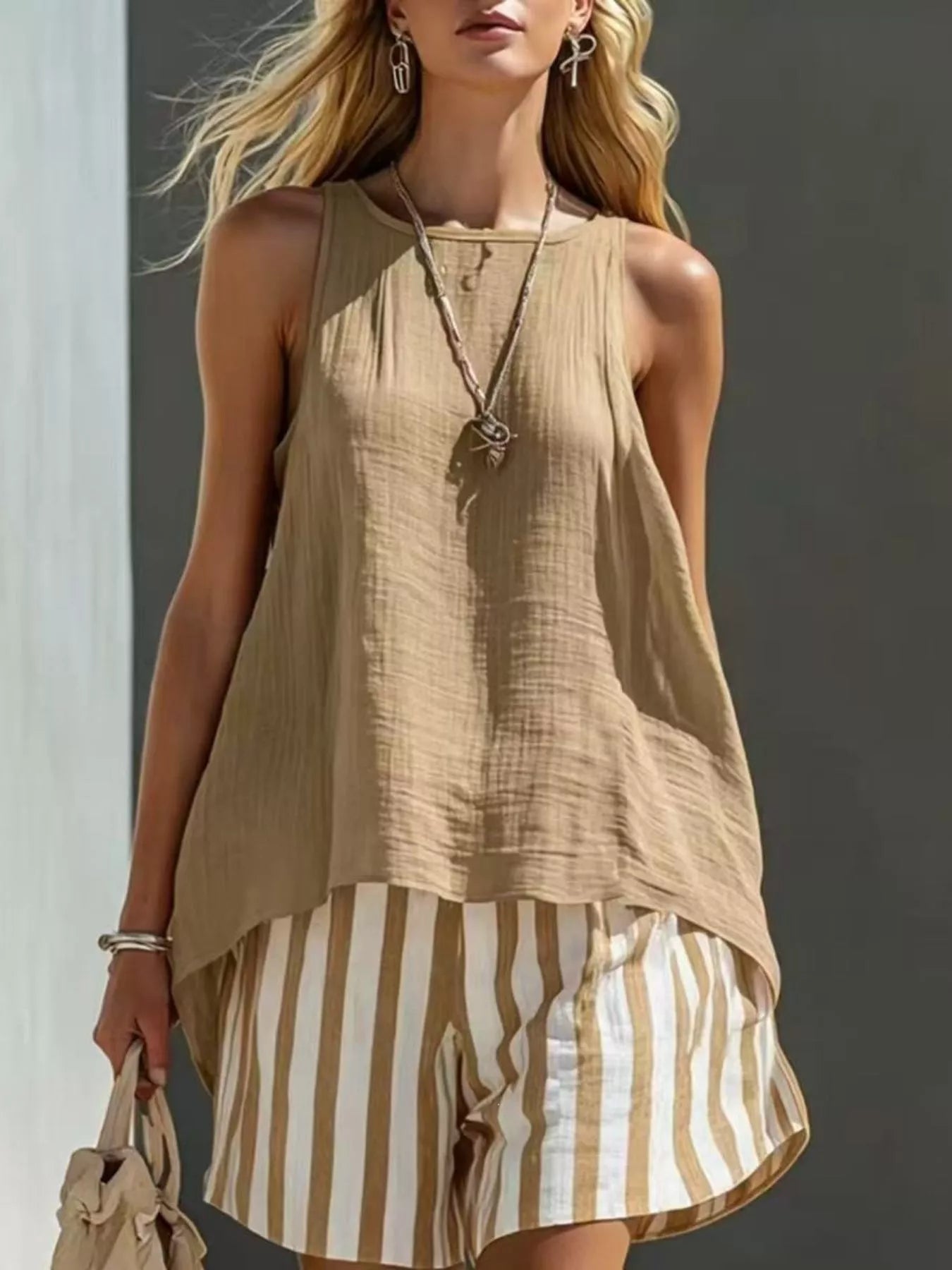 Shopimist round neck tank top paired with striped shorts, stylish two-piece set for casual wear, front view of the outfit.