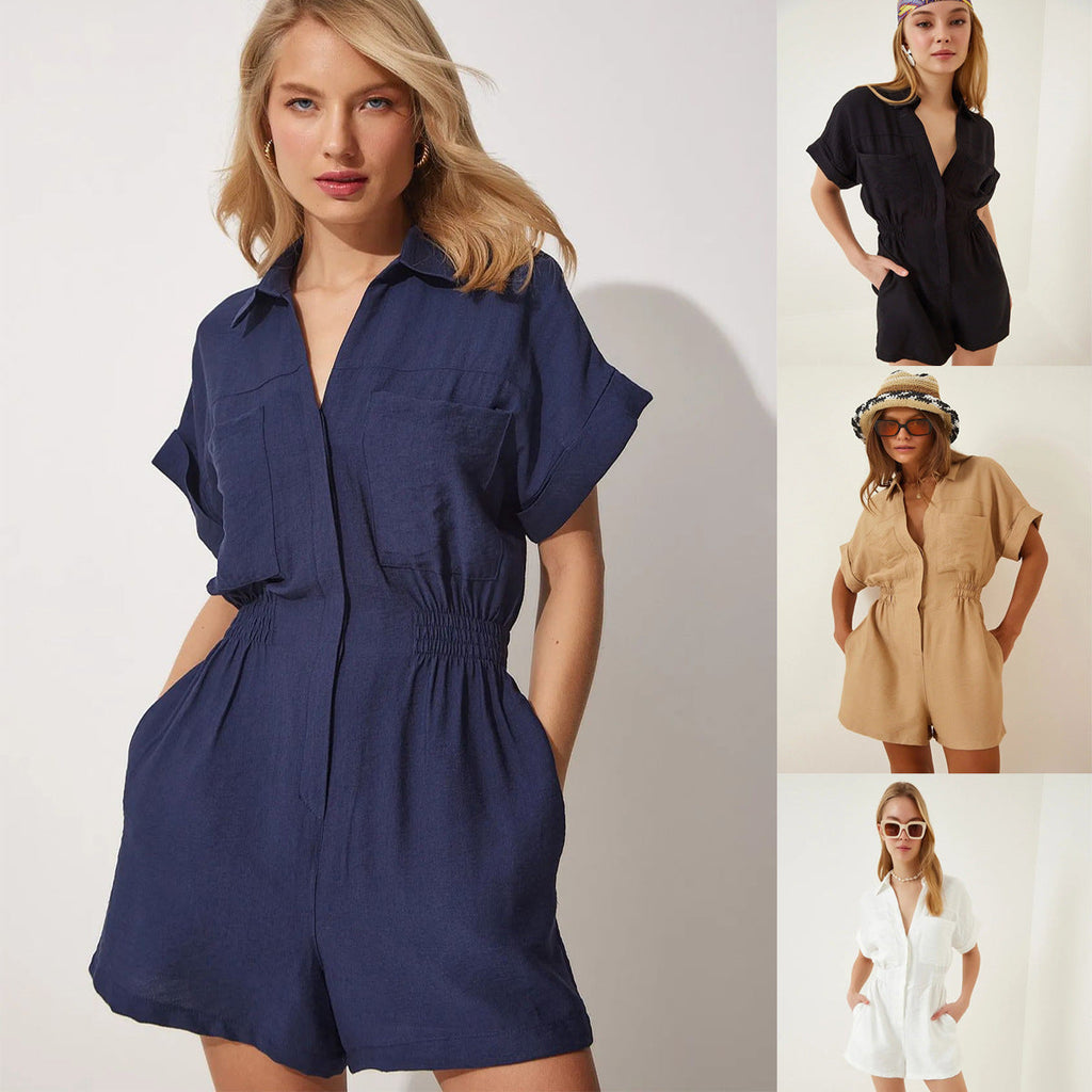 Women's cotton linen loose-fit workwear jumpsuit with pockets, stylish and comfortable from FitiqueFit.