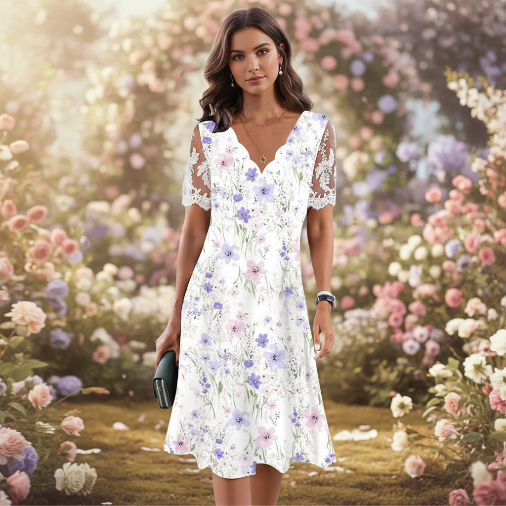 Women's floral lace high-waist A-line midi dress with flounce neckline, by FitiqueFit, featuring elegant floral lace details.