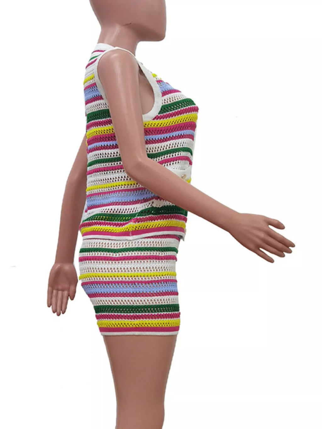 Striped crochet knit top and shorts set by Shopimist, featuring a stylish casual look with colorful striped pattern.