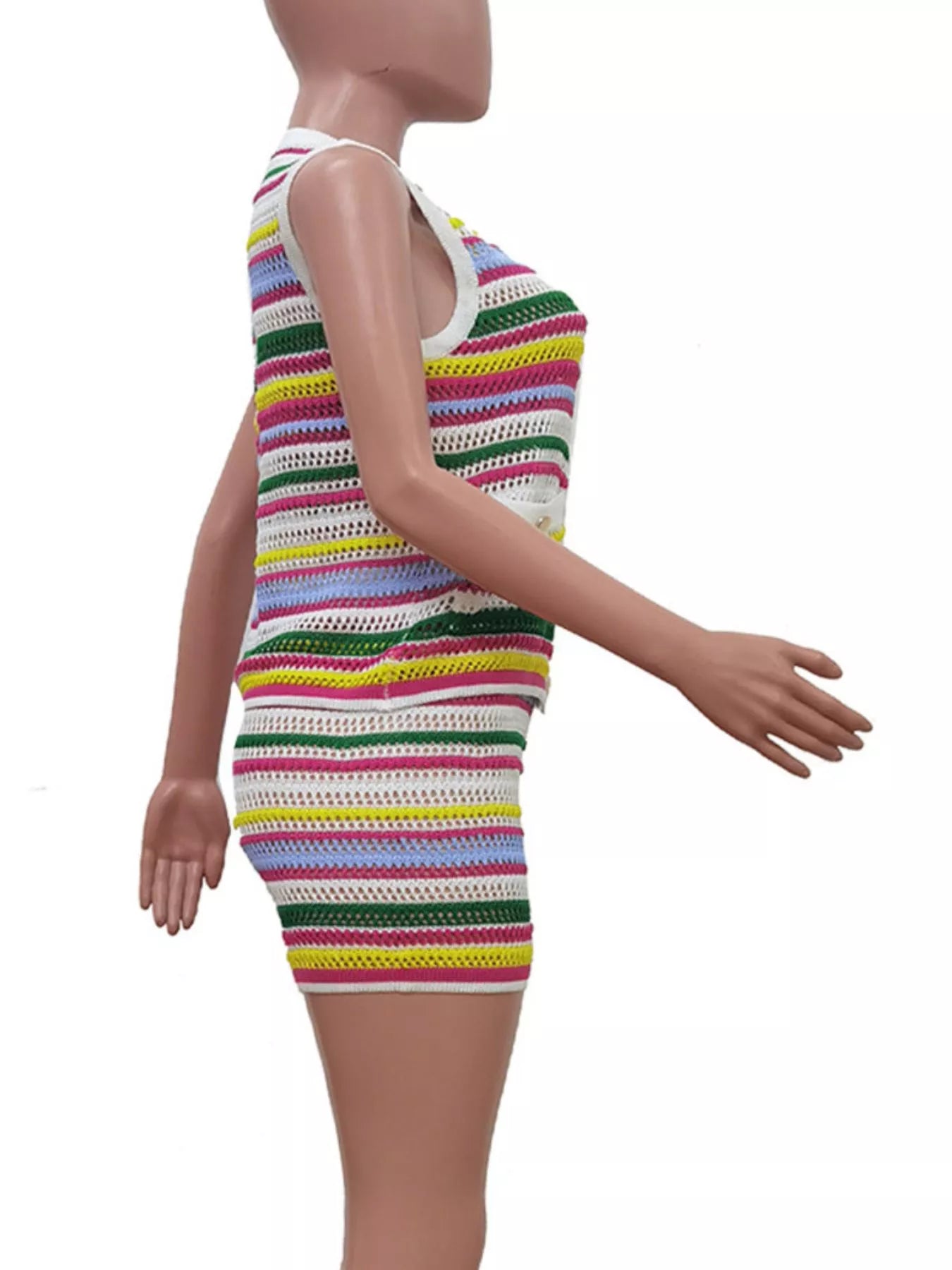 Striped crochet knit top and shorts set by Shopimist, featuring a stylish casual look with colorful striped pattern.