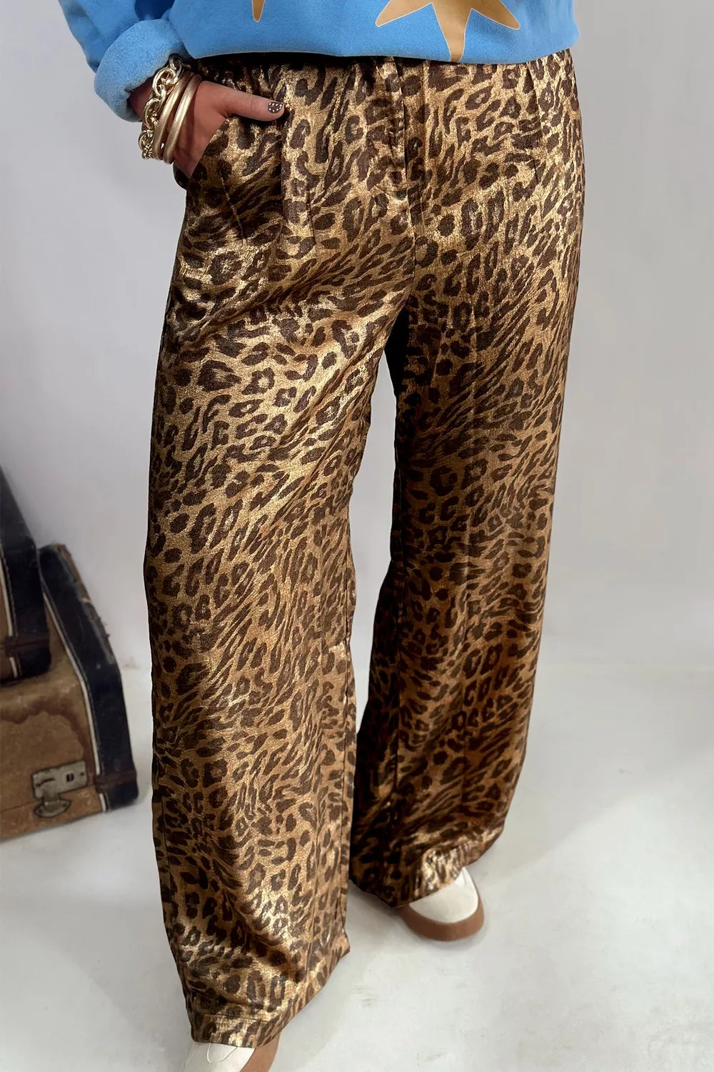 Multicolour leopard print Western style wide-leg pants from Trendsi, full length with bold animal print and relaxed fit.