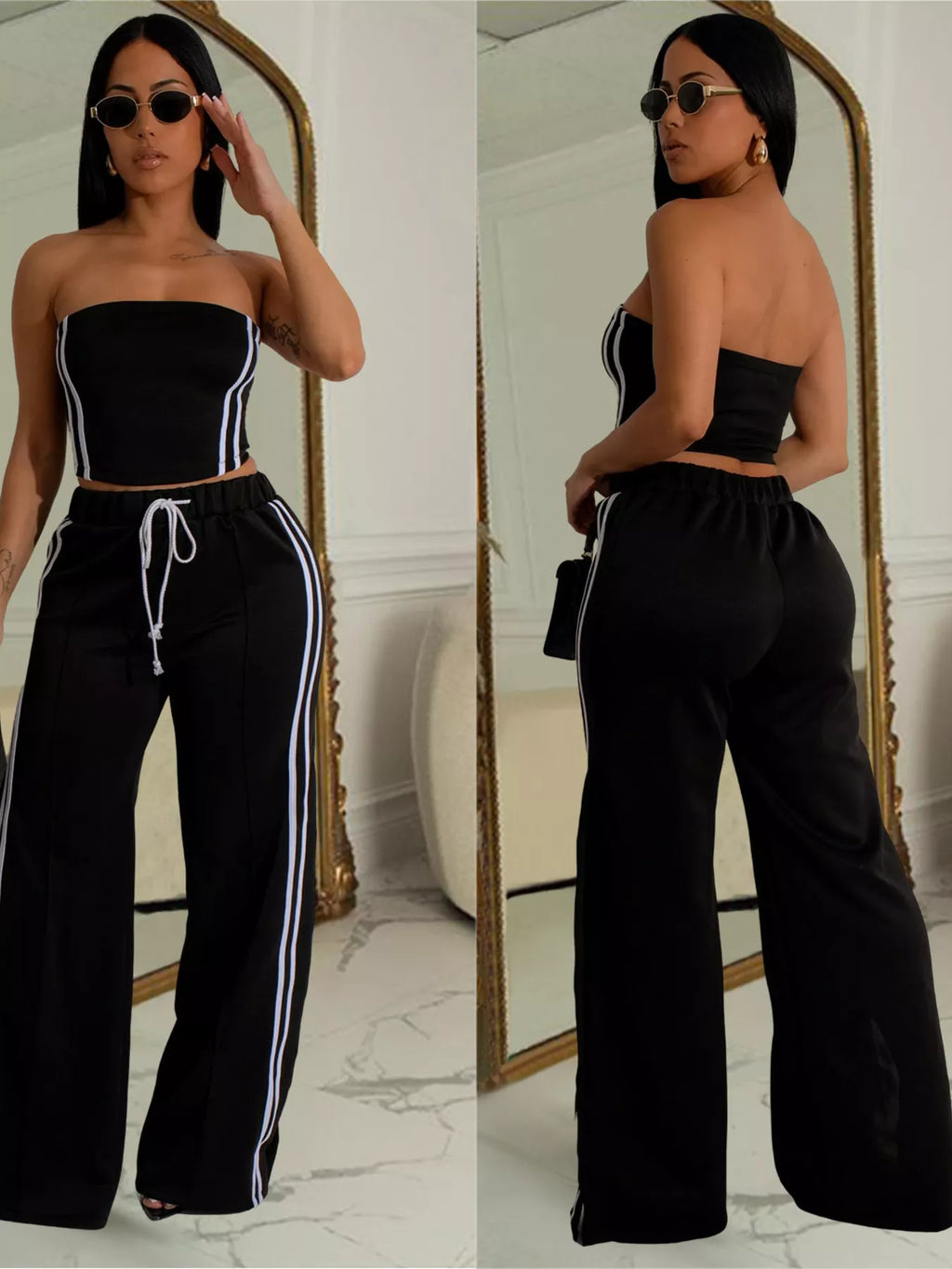 Trendsi sleeveless tube top and wide-leg pants set, stylish casual outfit with fitted tube top and flowy pants in soft fabric.