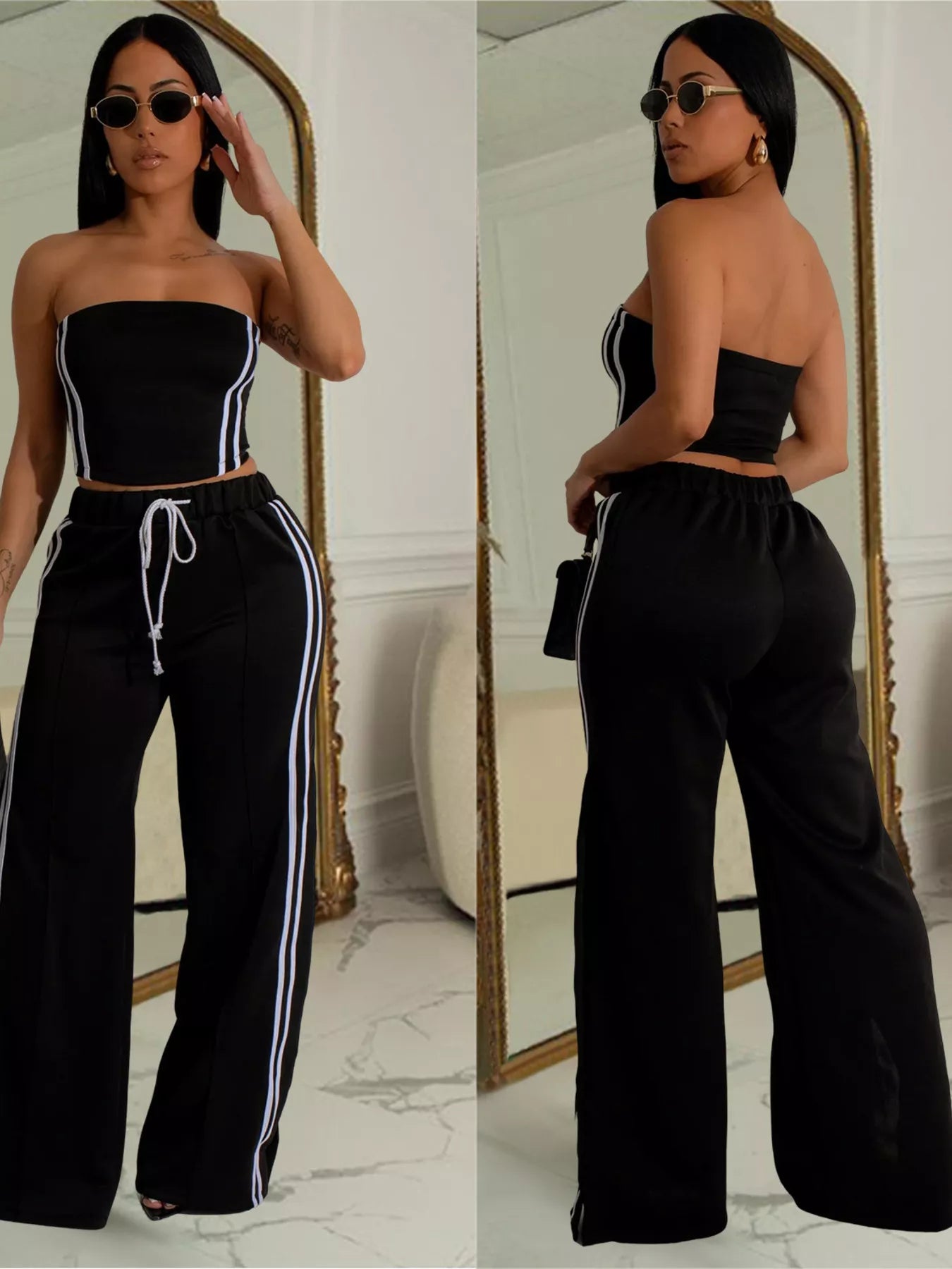 Trendsi sleeveless tube top and wide-leg pants set, stylish casual outfit with fitted tube top and flowy pants in soft fabric.