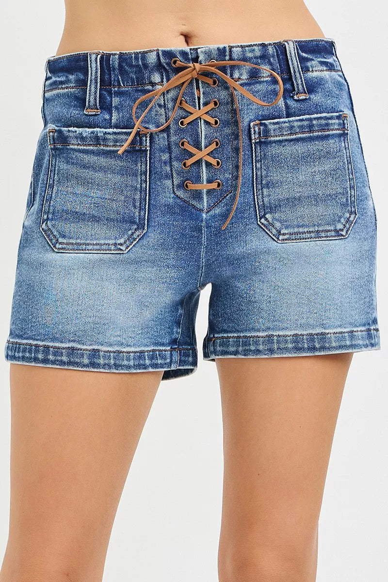Risen high rise front tie-up denim shorts with patch pockets, stylish and casual for everyday wear, from Plush Fashion Hub.