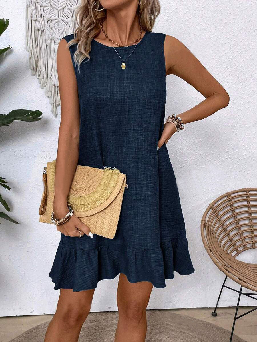 Women's ruffle lace-up mini dress by Plush Fashion Hub featuring short sleeves and a loose, beach-ready style.