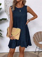 Women's ruffle lace-up mini dress by Plush Fashion Hub featuring short sleeves and a loose, beach-ready style.