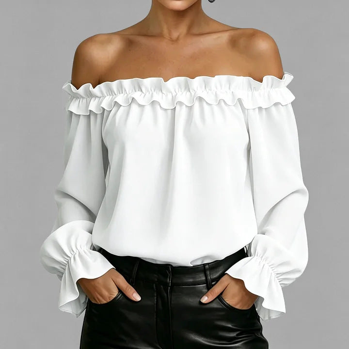 Women's ruffle off-shoulder blouse with 3/4 sleeves, elegant top from Plush Fashion Hub featuring feminine ruffle details.