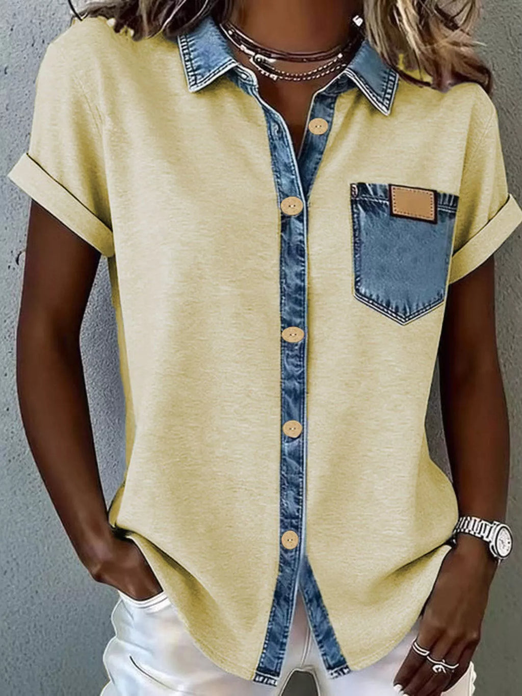 Denim trim short sleeve shirt from Plush Fashion Hub, casual tops with denim accents and a relaxed fit.