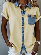 Denim trim short sleeve shirt from Plush Fashion Hub, casual tops with denim accents and a relaxed fit.