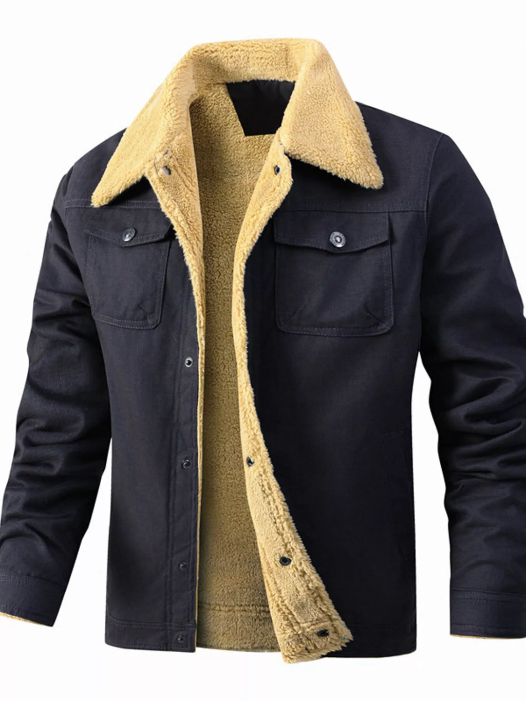 Men's plus size Sherpa lined snap-down jacket by Shopimist, showing the warm, cozy exterior with a front snap closure and full size fit.