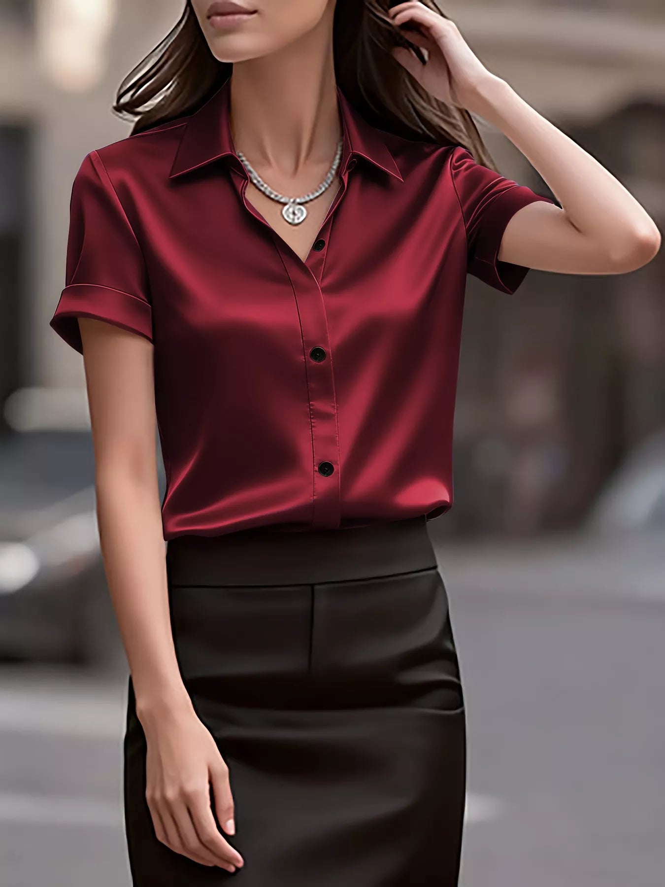 Plush Fashion Hub satin short-sleeve shirt with a smooth, shiny fabric and classic collar, displayed on a neutral background