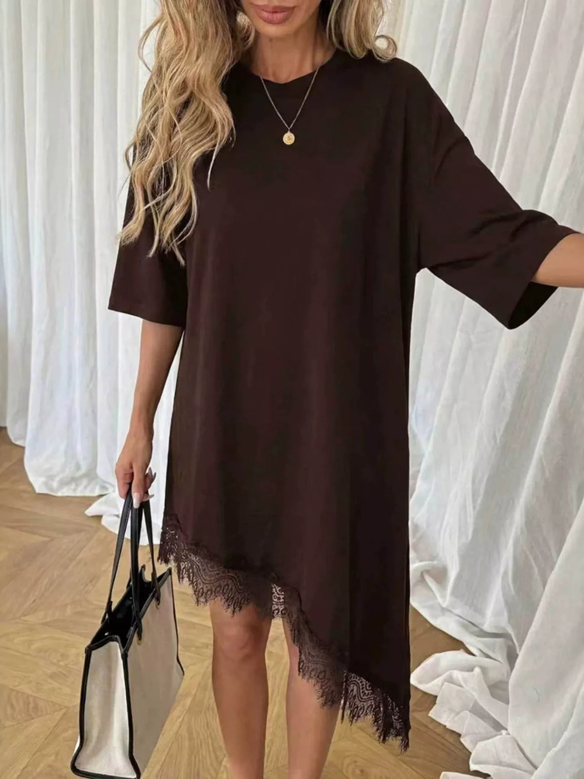 Lace trim asymmetrical hem shirt dress by Plush Fashion Hub featuring a stylish design and lightweight fabric.