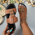 Open toe buckle accent sandals by Shopimist featuring stylish straps and a comfortable flat sole.