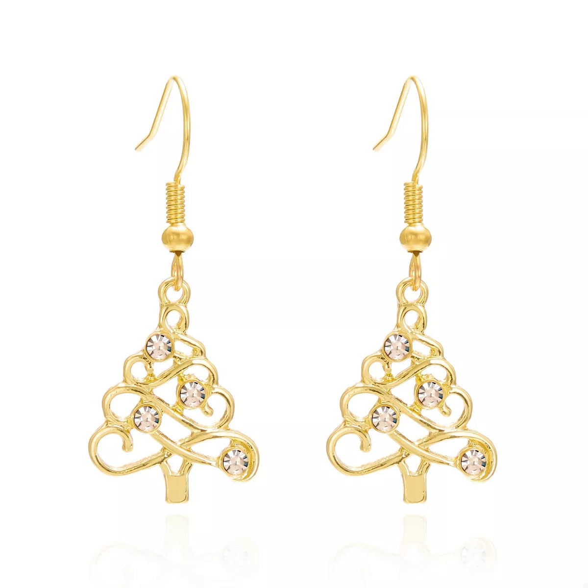 18K gold-plated rhinestone Christmas tree dangle earrings with sparkling stones and festive holiday design.
