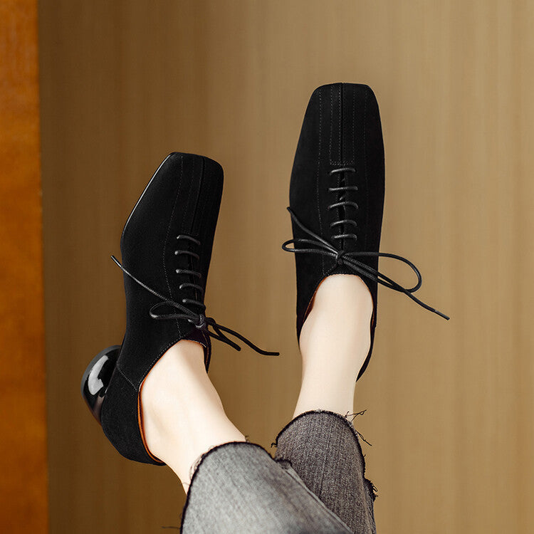 Women's retro plush fashion hub sheepskin square toe chunky heel pumps with lace-up mid heel, showcasing stylish footwear design.