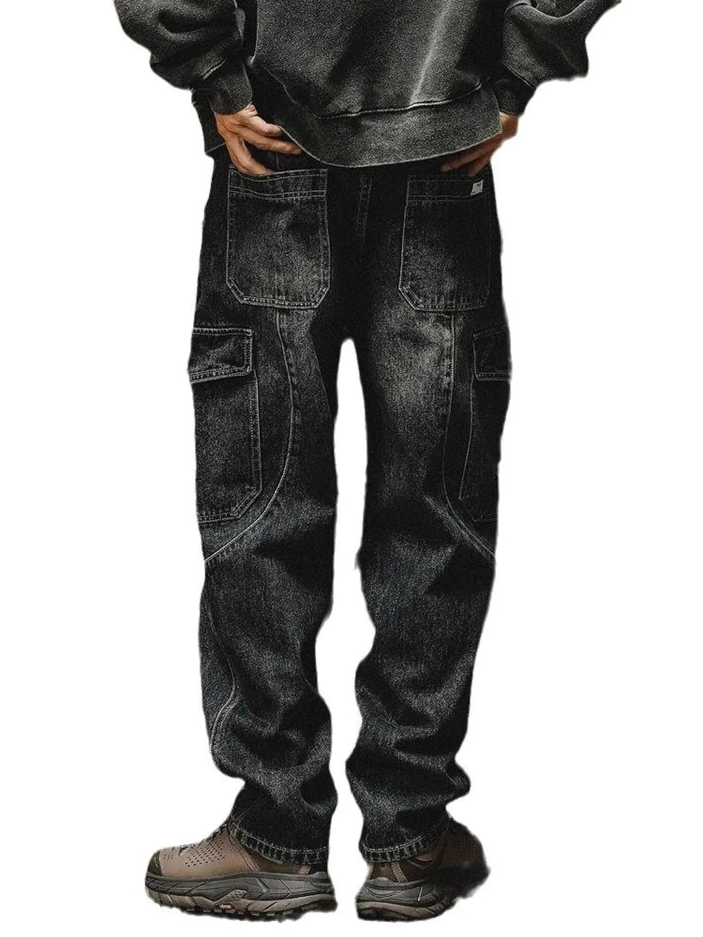 Men's washed wide leg cargo jeans from Trendsi featuring relaxed fit, multiple pockets, and casual denim style.