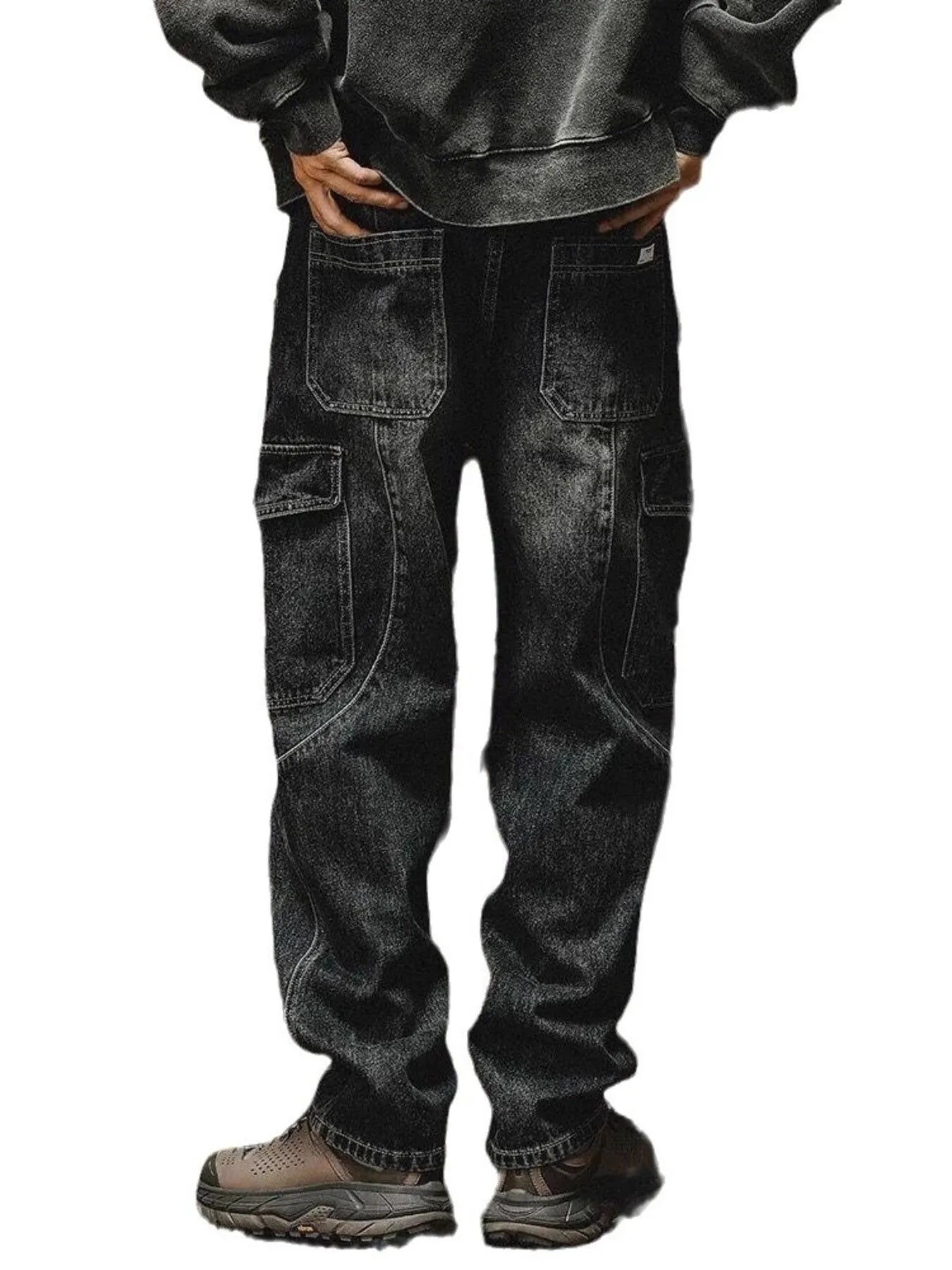 Men's washed wide leg cargo jeans from Trendsi featuring relaxed fit, multiple pockets, and casual denim style.
